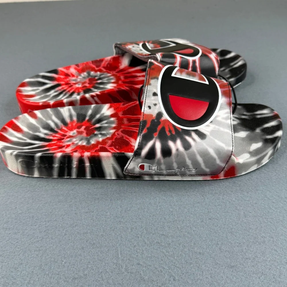 Champion IPO Tie Dye Slides Mens 14 Red Black White C Logo Sandals CP101344M